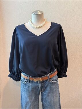 Zac & Rachel Navy V-Neck Ruffle Cuff Blouse